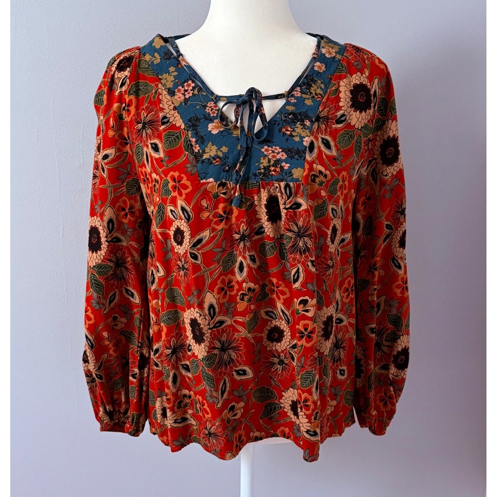 Natural Life Boho Floral Peasant Blouse Long Sleeve Tie Neck Top Size Medium